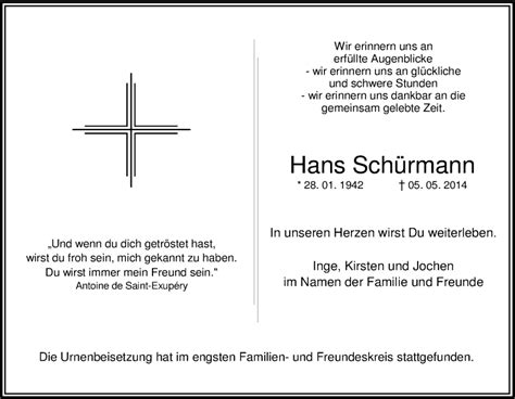 Traueranzeigen von Hans Schürmann Trauer in NRW de