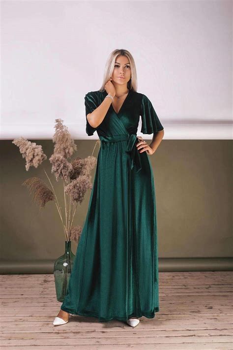 Emerald Green Velvet Wrap Maxi Dress Flutter Sleeve Long Etsy Long