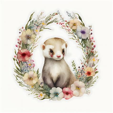 Premium AI Image | Watercolor baby Ferret colorful floral