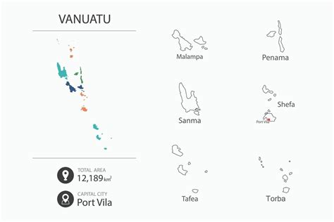 Map of Vanuatu with detailed country map. Map elements of cities, total areas and capital ...