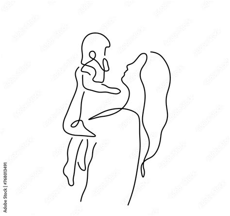 Vector Isolated Mother With Daughter One Single Contemporary Line Art Colorless Black And White