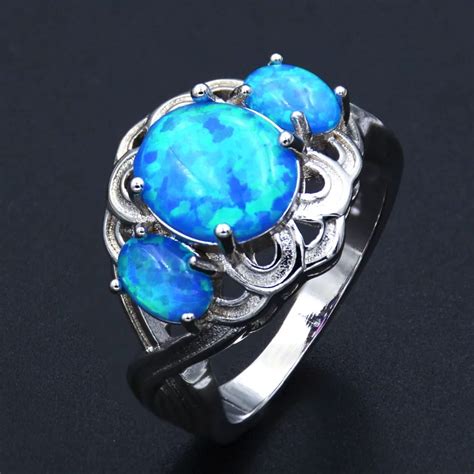 Charming Three Stones Ocean Blue Fire Opal Ring Vintage Gift Ring