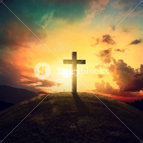 A Single Wooden Cross On A Hillside At Sunset Royalty Free Stock Image