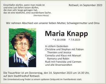 Traueranzeigen von Maria Knapp Schwarzwälder Bote Trauer