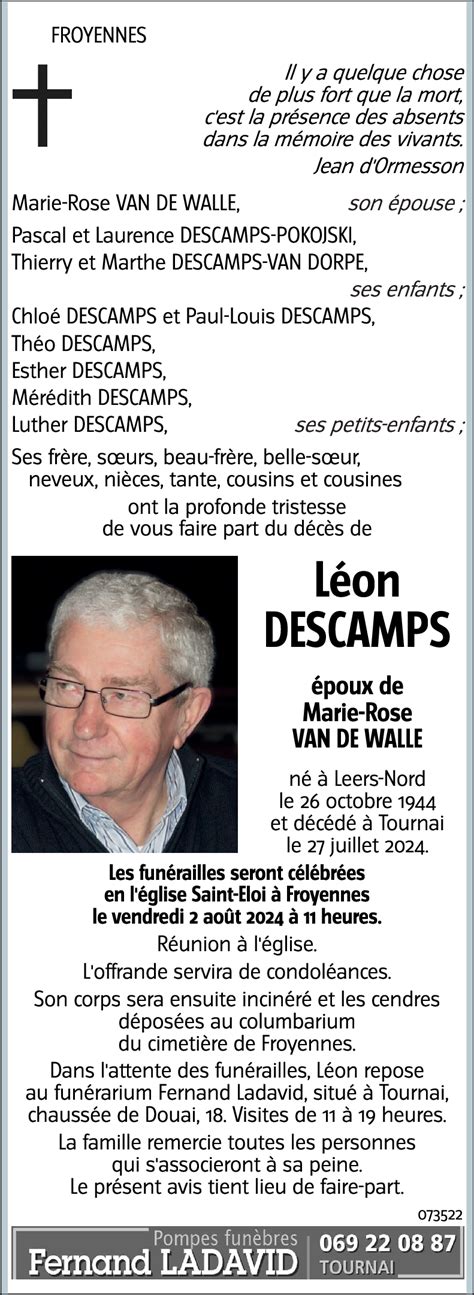 Avis De Décès De Léon Descamps Décédé Le 27072024 à Tournai Annonce