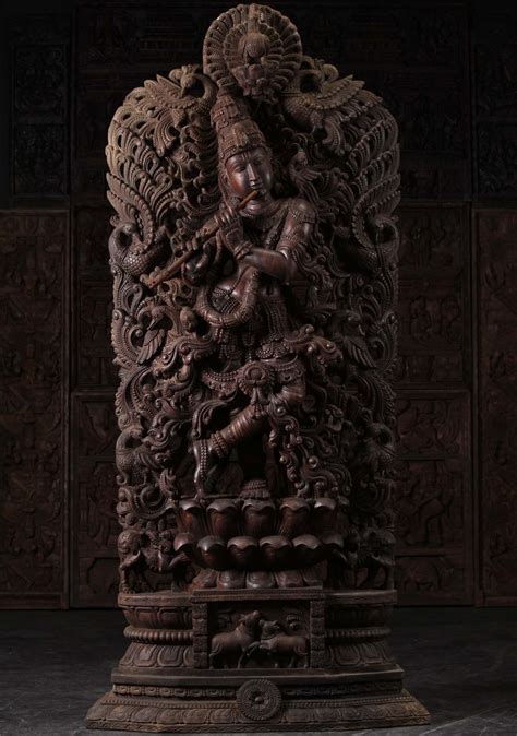 Huge Wooden Hoysala Style Gopal Krishna Statue Playing Flute With