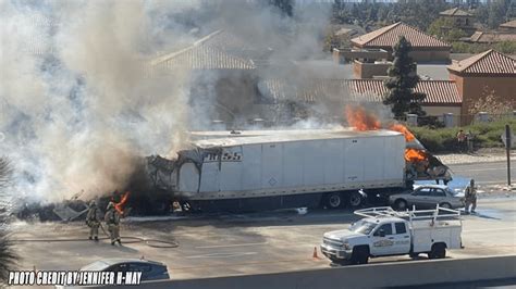 Two Big Rigs And A Car Involved In A Fiery Crash That Blocked Lanes For