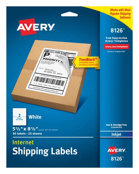 Avery® TrueBlock® Half-Sheet Shipping Labels, 5-1/2" x 8-1/2", White, 50 Blank Mailing Labels ...