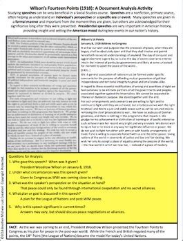 Wilson's Fourteen Points Speech American Speeches Document Analysis WWI ...