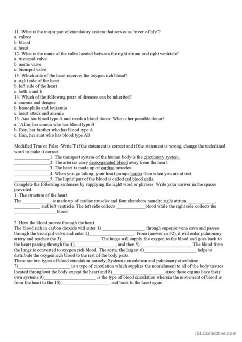 The Circulatory System English ESL Worksheets Pdf Doc