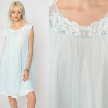 70s Baby Blue Nightgown Lace Babydoll Nightie Lingerie Slip Dress Shop Exile Tucson AZ
