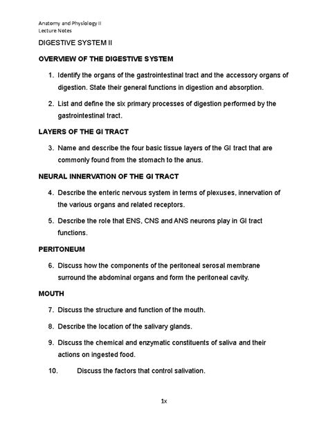 Biol Anatomy Physiology Ii Lecture Notes Digestive