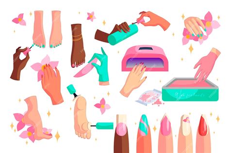 Free Vector | Hands and feet with nail art flat vector illustrations set