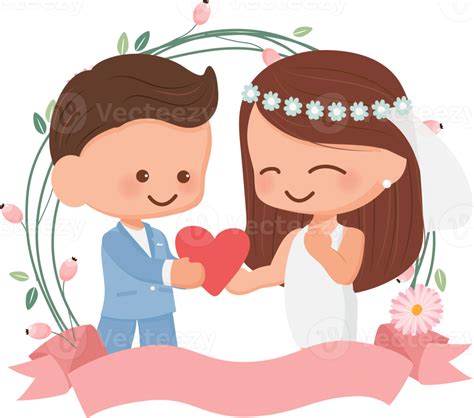 Cute Wedding Couple In Flower Wreath Flat Style For Valentines Day Or