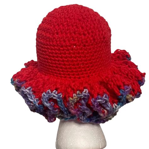 Handmade Crochet Ruffle Hat Red And Coral Color Depop