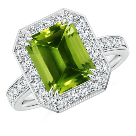 Emerald Cut Peridot Engagement Ring With Diamond Halo Angara