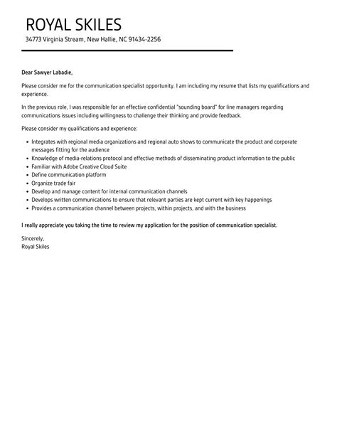 Communication Specialist Cover Letter Velvet Jobs