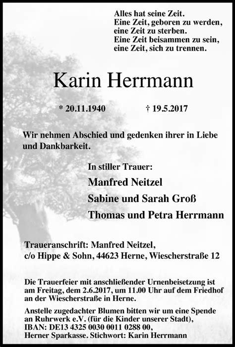 Traueranzeigen Von Karin Herrmann Trauer In Nrw De