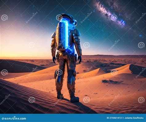 Steampunk Spaceman View From The Back In A Desert Nighttime Blue