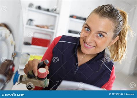 Female Worker Checking Boiler Stock Photo Image Of Person Power