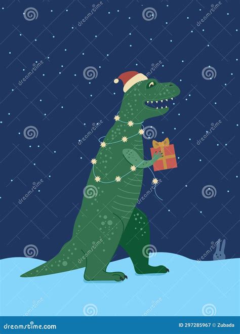 Funny Dinosaur T Rex With Christmas Garland Holding Present Box Stock