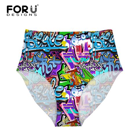 Forudesigns High Waist Bikini Bottoms Swimming Trunks Women Harajuku Graffiti Brazilian Panties