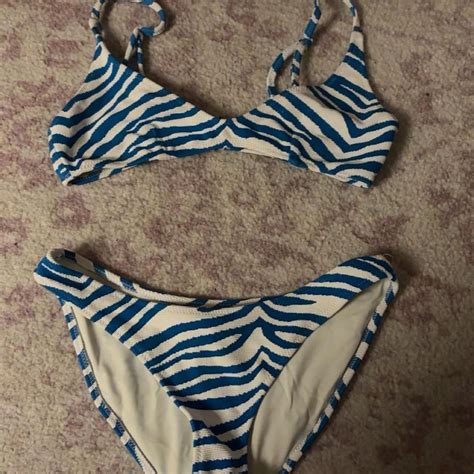 Blue And White Zebra Style Triangl Bikini Top Size Depop