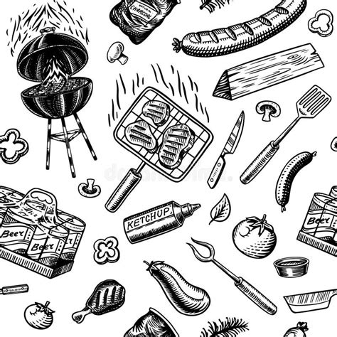 Barbecue Grill Seamless Pattern In Vintage Style Drawn By Hand Bbq