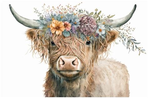 Premium Ai Image Adorable Highland Cow Wearing A Flower Crown In Soft