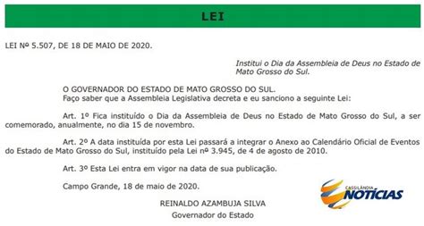 Governador Sanciona Lei Que Institui O Dia Da Assembleia De Deus Em MS