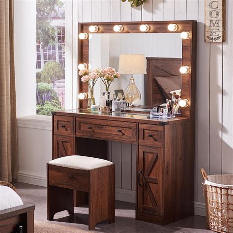 T4tream Vanity Table With Lighted Mirror Farmhouse Makeup Vanity Dressing Table With Led Lights