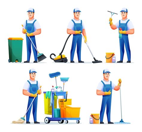 Premium Vector Set Of Cleaning Service Man With Different Equipment