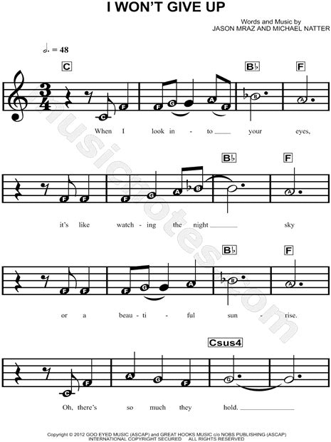 Jason Mraz I Wont Give Up Sheet Music For Beginners In C Major Download And Print Sku