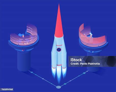 우주 로켓 발사 벡터 등각 투영 그림입니다 우주 정거장 근로자 엔지니어 모니터링 3d 셔틀 리프트 오프 연구 센터 전문가 미래형