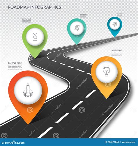 Roadmap Timeline Infographic Template With 5 Pin Pointers On The Way Vector Illustration Stock