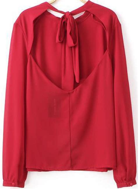 Red Long Sleeve Backless Chiffon Blouse Chiffon Long Sleeve Chiffon Blouse Clothes