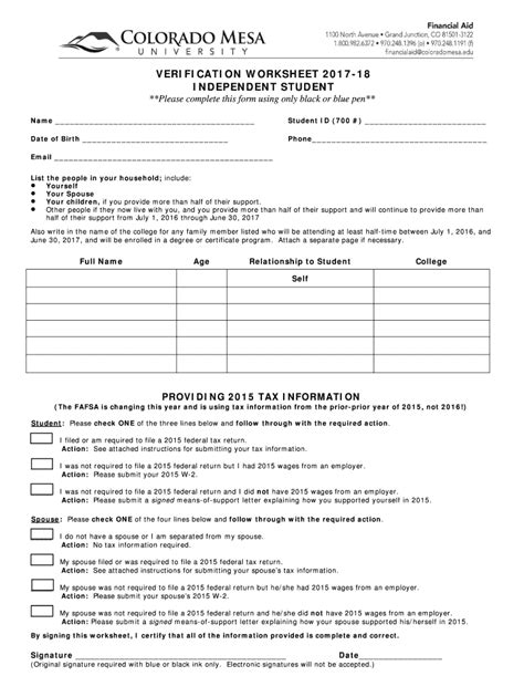 Fillable Online Coloradomesa Independent Verification Worksheet 1718