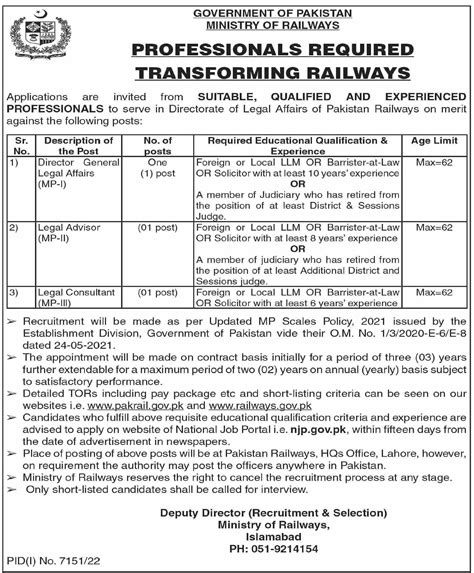 Ministry Of Railways Legal Staff Jobs Job Advertisement Pakistan