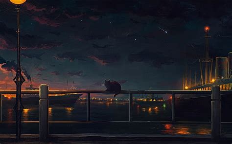 Hd Wallpaper Cat Sitting On Railing Painting Night Artwork Sky