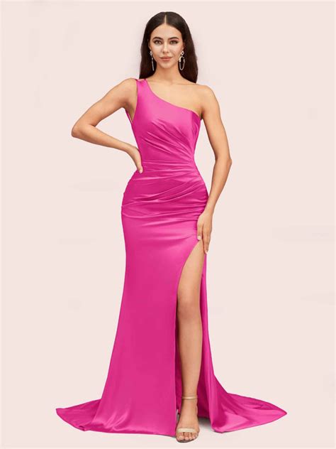 Sexy One Shoulder Mermaid Side Slit Long Satin Formal Prom Dresses