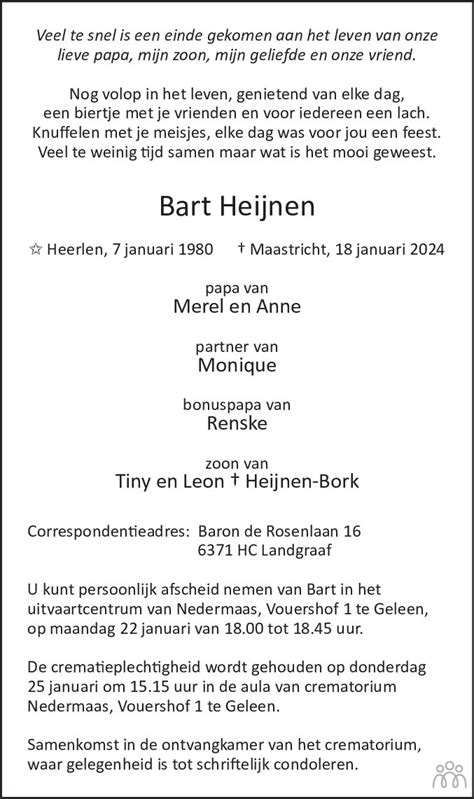 Bart Heijnen 18 01 2024 Overlijdensbericht En Condoleances Mensenlinq Nl