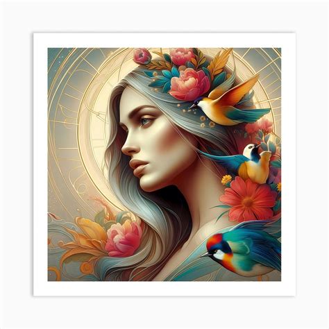 Beautiful Woman With Birds And Flowers Art Print By Vitalka Fy