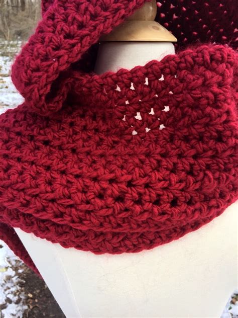 Crochet Hooded Scarf, Red Crochet Scarf, Long Scarf With Hood, Warm Winter Scarf, Crimson Scarf ...