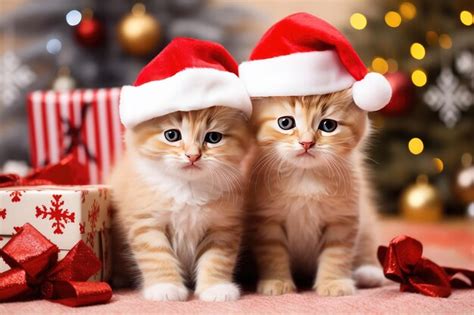 Premium Photo Two Cute Happy Kittens Wearing Santa Hats Adorable Cats