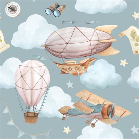 Watercolor Seamless Pattern With Vintage Cute Fairy Tale Cartoon Clouds