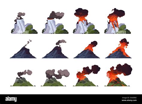 Volcano Eruption Cartoon Volcanic Mountain With Different Stages Of