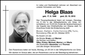 Traueranzeigen Von Helga Blaas Trauer Bz