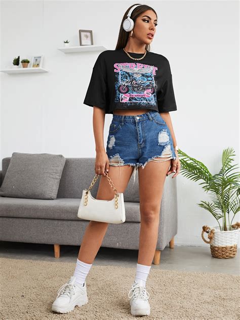 Shein Coolane Camiseta Con Estampado De Guila Y Letra De Hombros