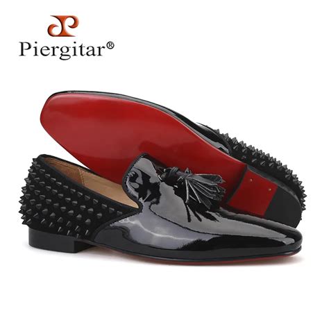 Piergitar Handmade Black Patent Leather Men Tassel Shoes Fashion Red