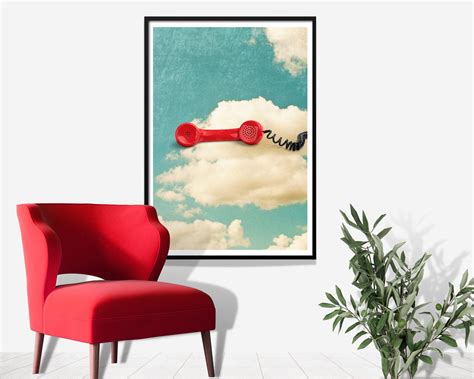 Retro Phone Wall Art, Retro Phone Poster, Red Phone and Clouds Poster ...